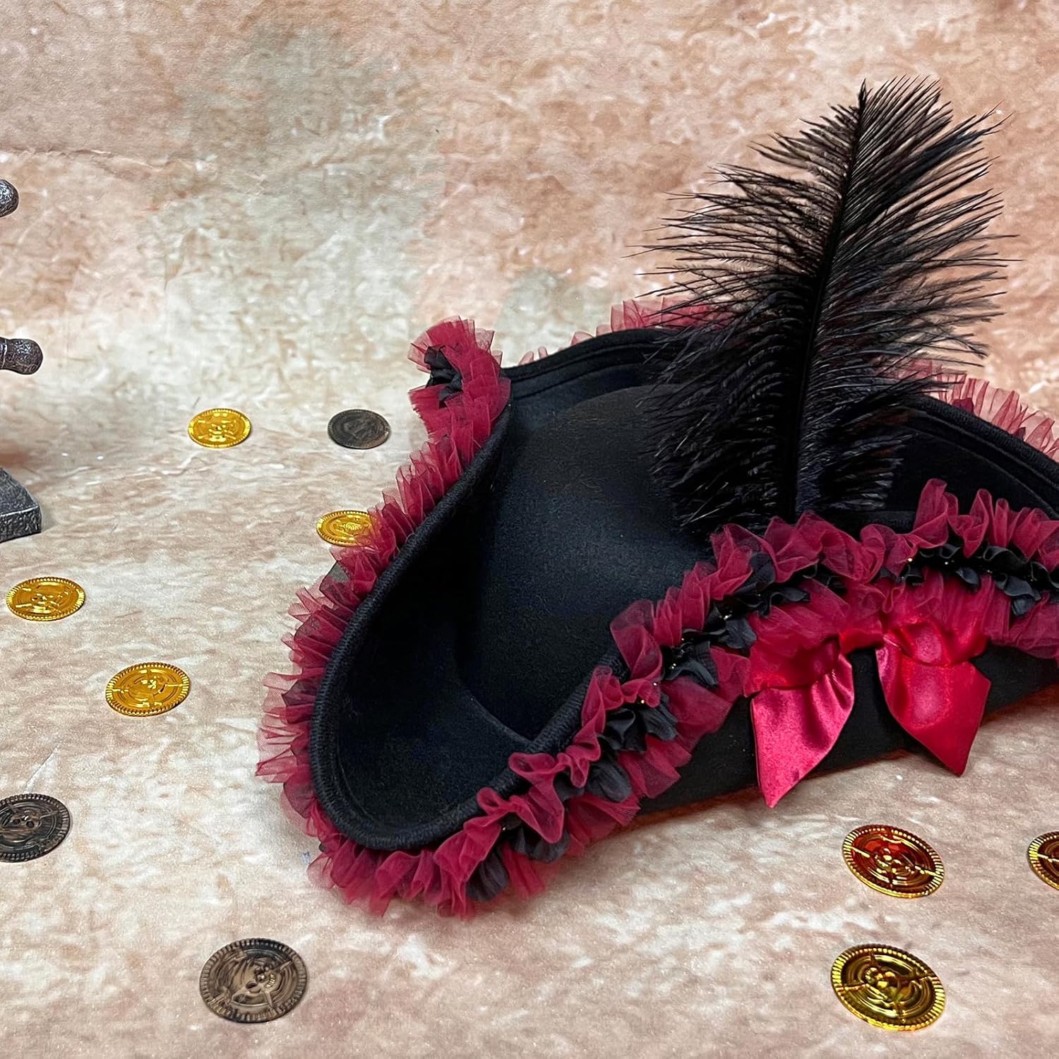 quescu Pirate Hat Women,Tricorn Hat with Feather for Adults,Pirate Costume Accessories,Renaissance Costume Hat for Halloween