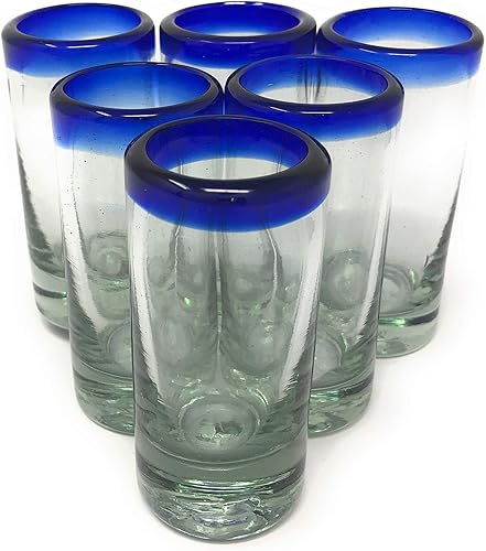 Miniatura 3 de Vasos de chupito de tequila mexicano soplados a mano, juego de 6 vasos de chupito de tequila con borde azul cobalto (2 onzas cada uno)