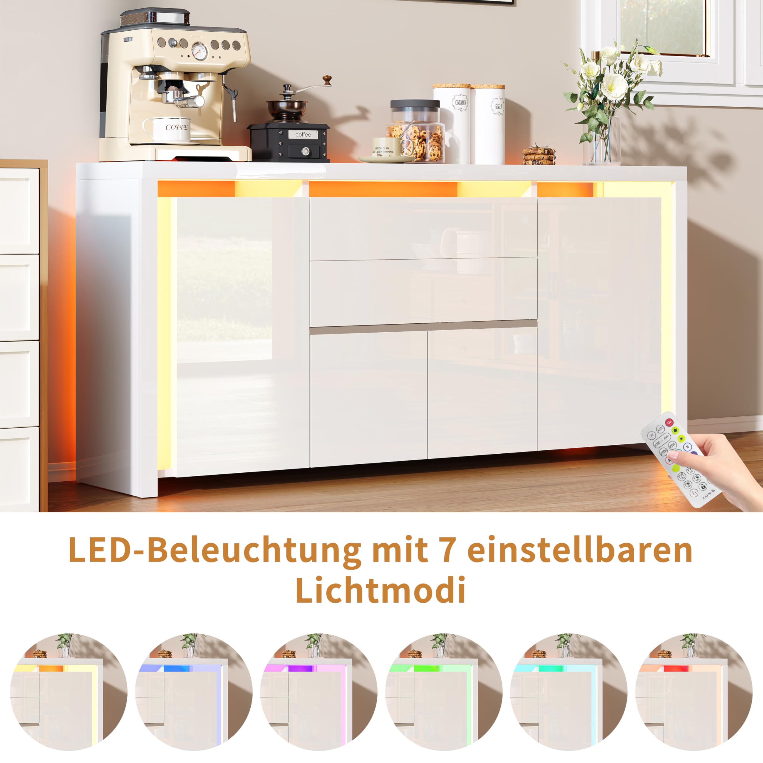 Sideboard mit 4 Türen und 2 Schubladen, Küchenschrank mit LED-Beleuchtung, Buffetschrank mit Stauraum für Küche und Esszimme, Kommode, TV-Schrank (Weiß, 160 x 76 x 35 cm)
