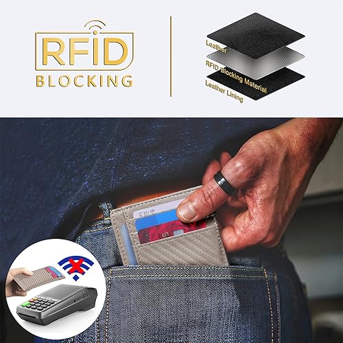 Miniatura 5 de Travelambo Cartera delgada de cuero minimalista con bolsillo frontal RFID con textura de fibra de carbono, Azul