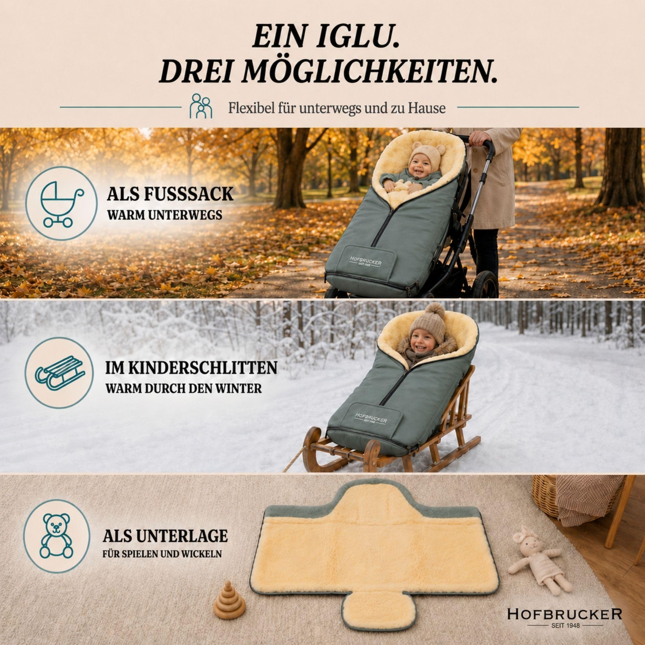 IGLU - Sacco nanna per passeggino, in pelle di agnello, 100% naturale, resistente al vento e all'acqua, universale, prodotto in Germania