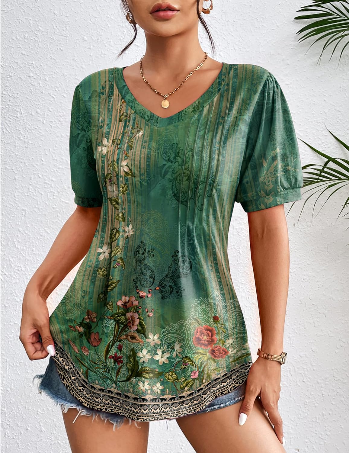 Zeagoo Women's Puff Short Sleeve Boho Shirts Casual V Neck Floral Solid Summer Blouse Pleated Tunic Top - Image 2