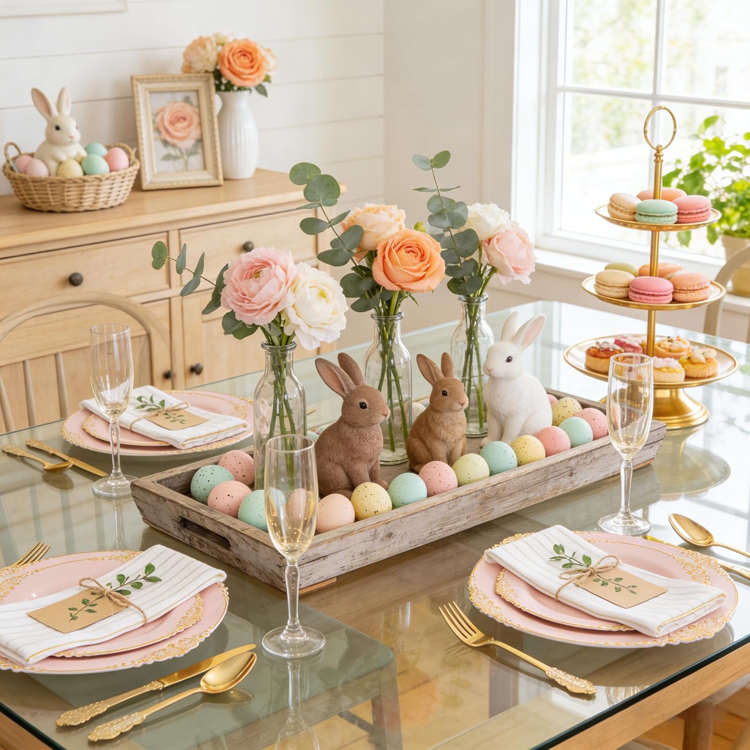 125PCS Pink and Gold Plastic Plates - Pink Disposable Plates - Vintage Plate with Gold Plastic Silverware Set for 25 Guests for Weddings Baby Shower Parties Easter Mother's Day