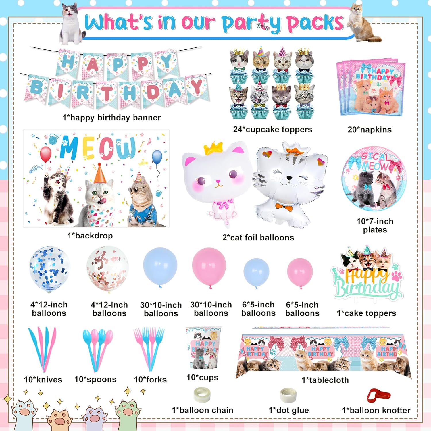 183 PCS Cat Birthday Party Decorations, Cat Themed Party Decorations Includes Balloons, Backdrop, Happy Birthday Banner, Tablecloth, Plates, Cups, Napkins, Cake Toppers for Girls Boys - Image 2
