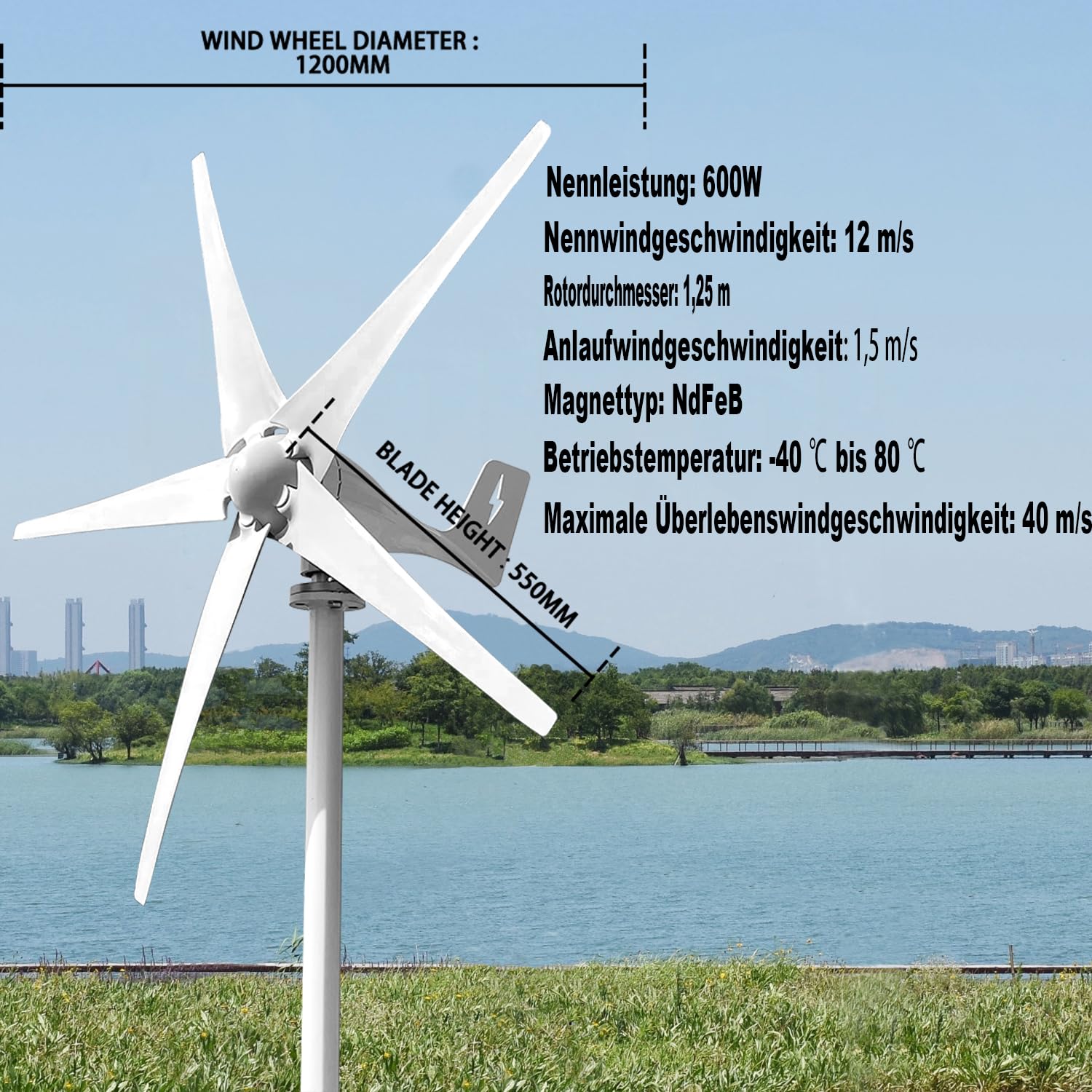 600W aerogenerador 12V/24V/48V 5-pala de alto rendimiento turbina eólica MPPT controlador de carga Horizontal sistema de energía eólica para el hogar y la granja (12, Voltios)