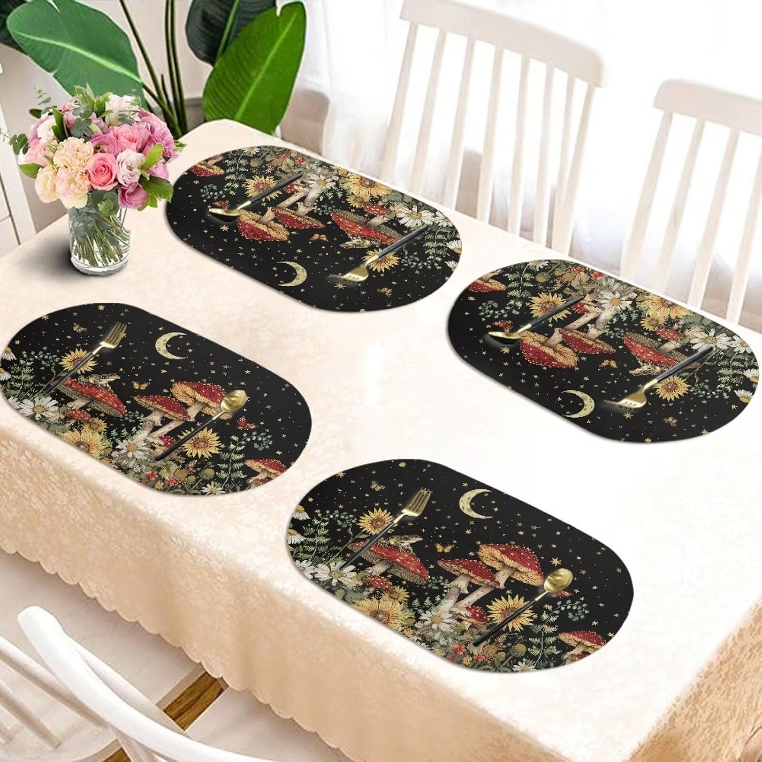 Mushroom Leather Oval Placemats Lavender Butterfly Wipeable Placements Heat Resistant Non-Slip Kitchen Floral Table Mats Essential Palce Mats Suit Outdoor Party