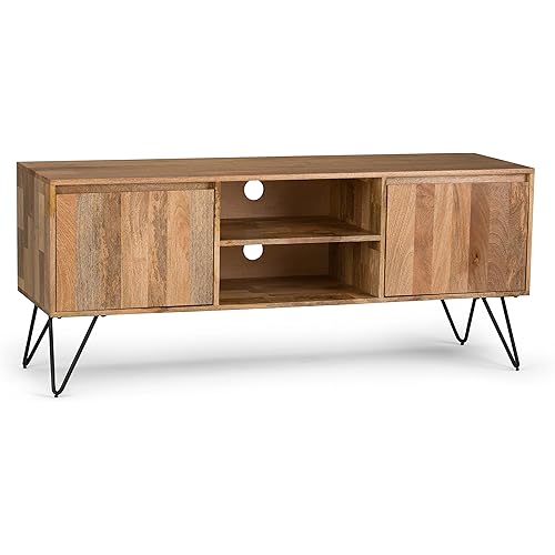 SIMPLIHOME Hunter SOLID WOOD Universal TV Media Stand, 60 inch Wide , Modern Industrial, Living Room Entertainment Center, Storage Shelves and Cabinets, for Flat Screen TVs up to 70 inches in Natural