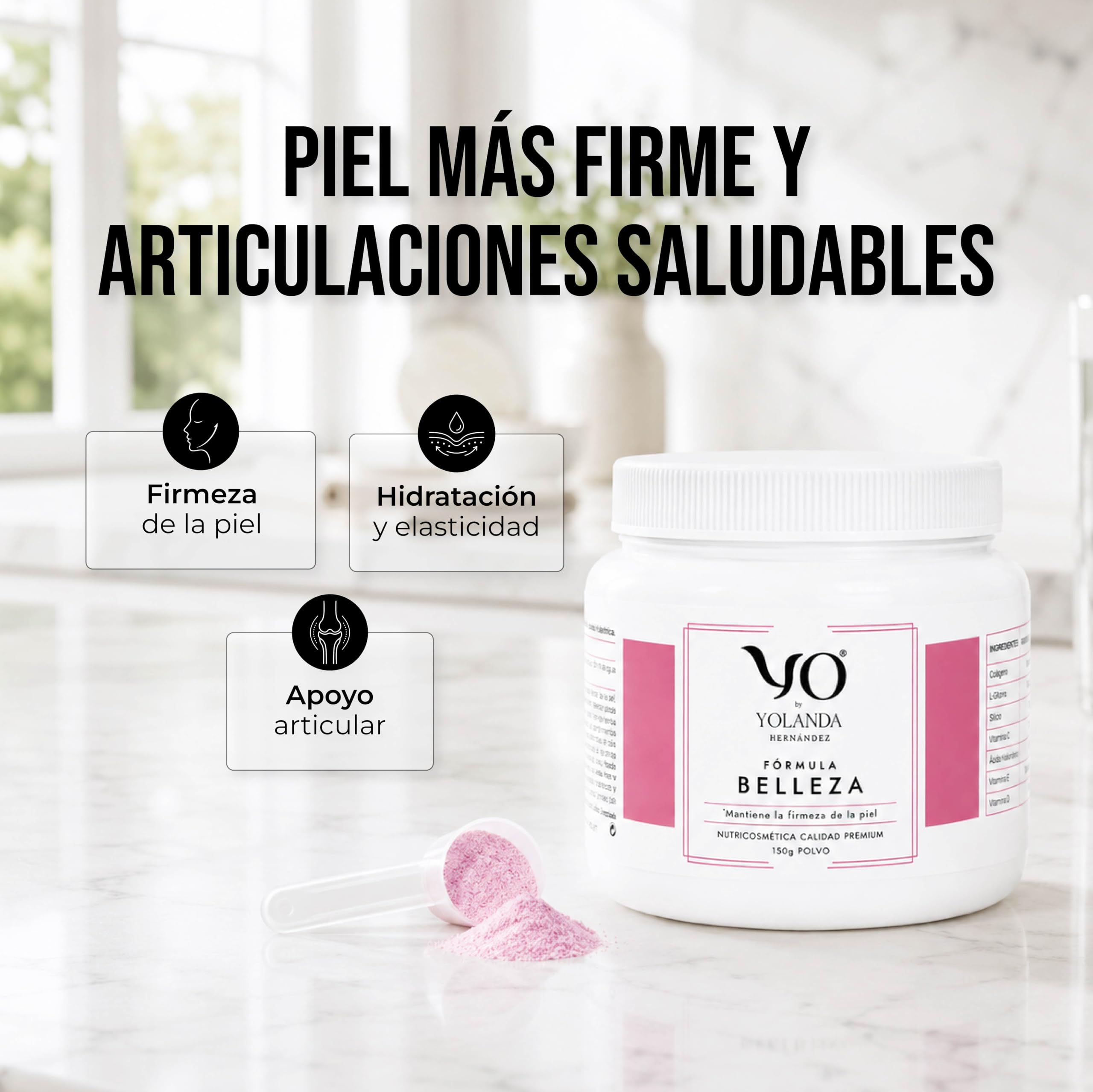 YO Fórmula Belleza | Colágeno Hidrolizado con Ácido Hialurónico Silicio L-Glicina | Vitaminas C, D, E para Piel, Cabello, Uñas | Envase 150g