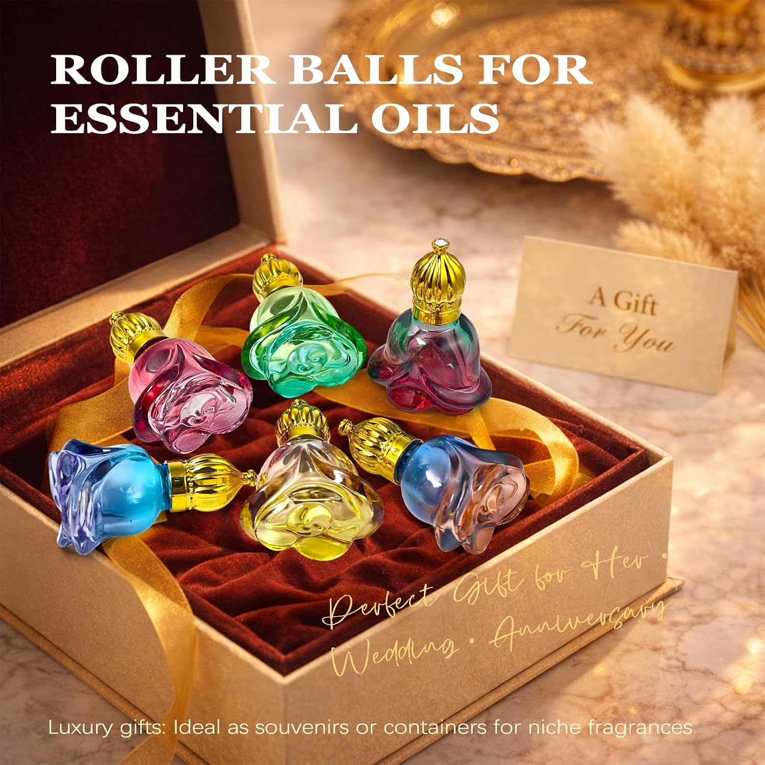 6 Pack 8ml Rose Shape Glass Roller Bottles, Refillable Perfume Roll-on Bottles, Travel Size Leak-Proof Roller Ball Applicator for Essential Oils, Serums, Eye, Face & Body Care