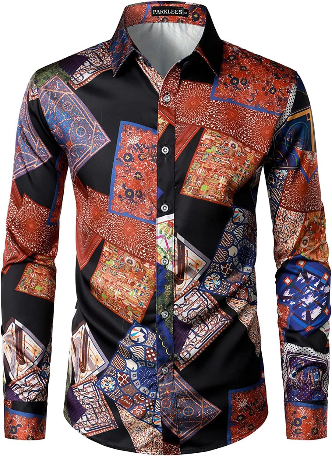 PARKLEES Heren katoen linnen jaren 70 disco retro traditioneel patroon gedrukt lange mouwen button down shirt, Zwart Groen, XXL