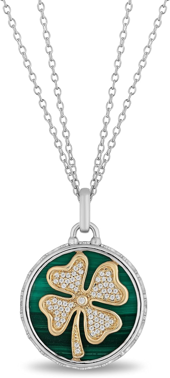 Jewelili 14K Yellow Gold and Sterling Silver 16 MM Malachite with 1/10 Cttw Natural White Round Diamond Clover Pendant Necklace 18" Cable Chain