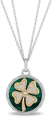 Jewelili 14K Yellow Gold and 925 Sterling Silver Clover Pendant Necklace | 16 MM Malachite with 1/10 Cttw Natural White Round Diamond, 18" Cable Chain