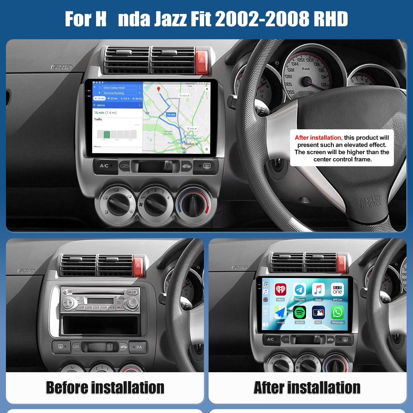 Radio samochodowe 6G 128G Android 15 do H-Onda Jazz Fit 2002-2008 RHD z CarPlay i Android Auto, 9-calowy ekran dotykowy 2 DIN z WiFi, GPS, Bluetooth, FM RDS EQ SWC i kamerą, K2 PRO Plus