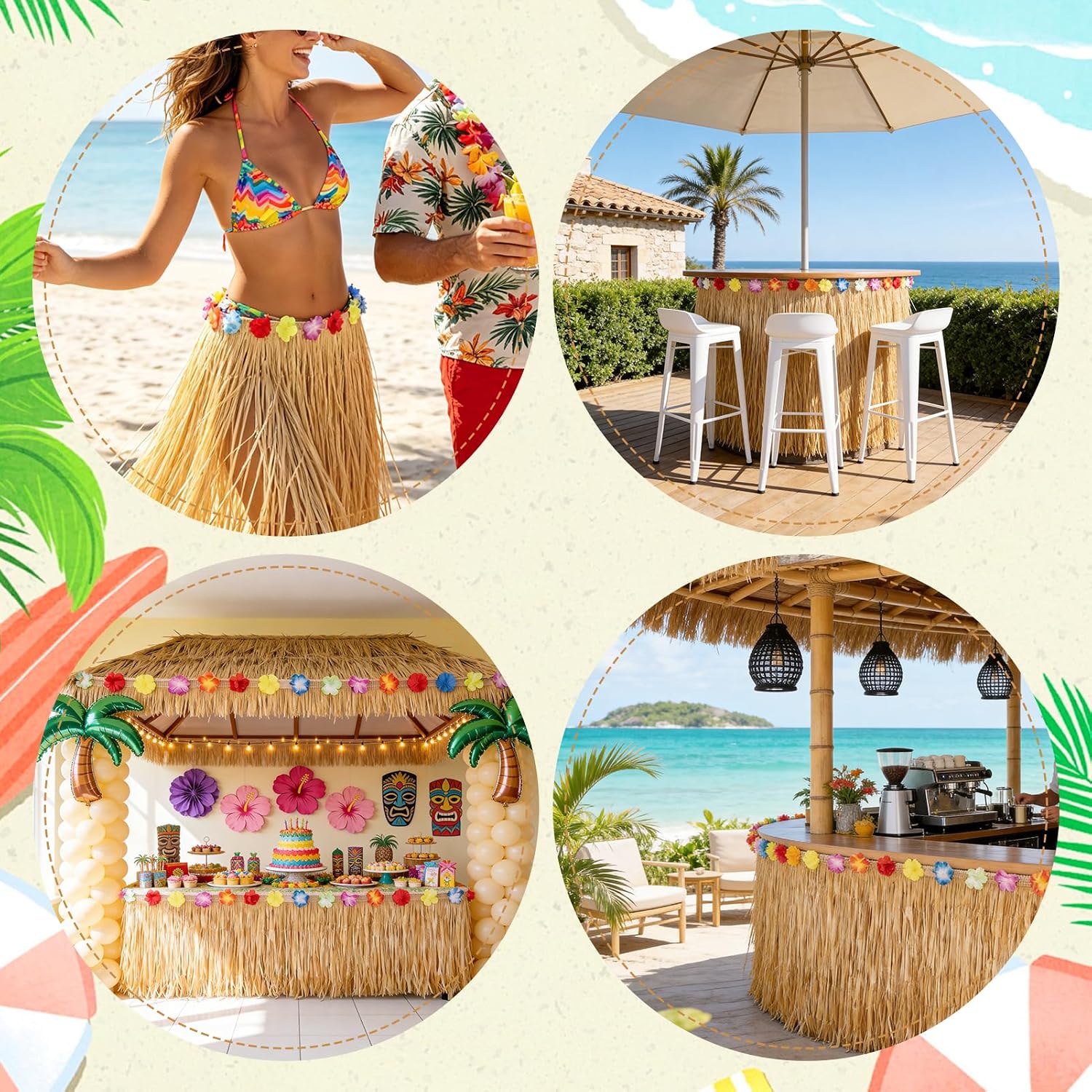 THARAHT 1pcs Luau Grass Table Skirt 9.84Ft x 29.5in With Hibiscus Flower Velcro Waterproof Oil-Resistant Reusable For Tropical Hawaiian Beach Birthday Jungle-Themed Events Home Party Decoration