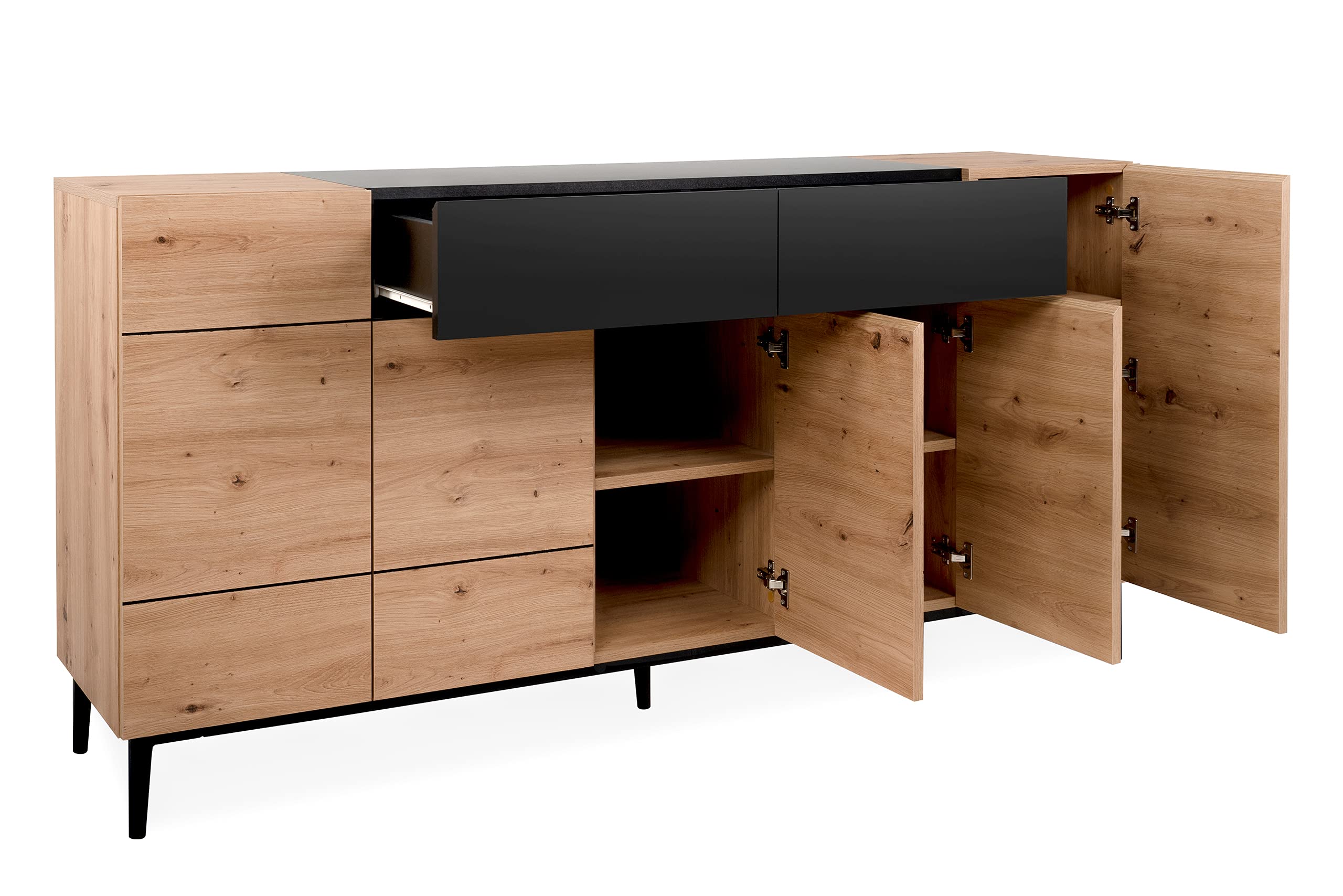 Newfurn Sideboard Wildeiche Schwarz grifflos Kommode Wohnzimmer | zweifarbige Holzoptik, konische Metallbeine, Klappen und Türen, Highboard Anrichte, für Flur und Esszimmer