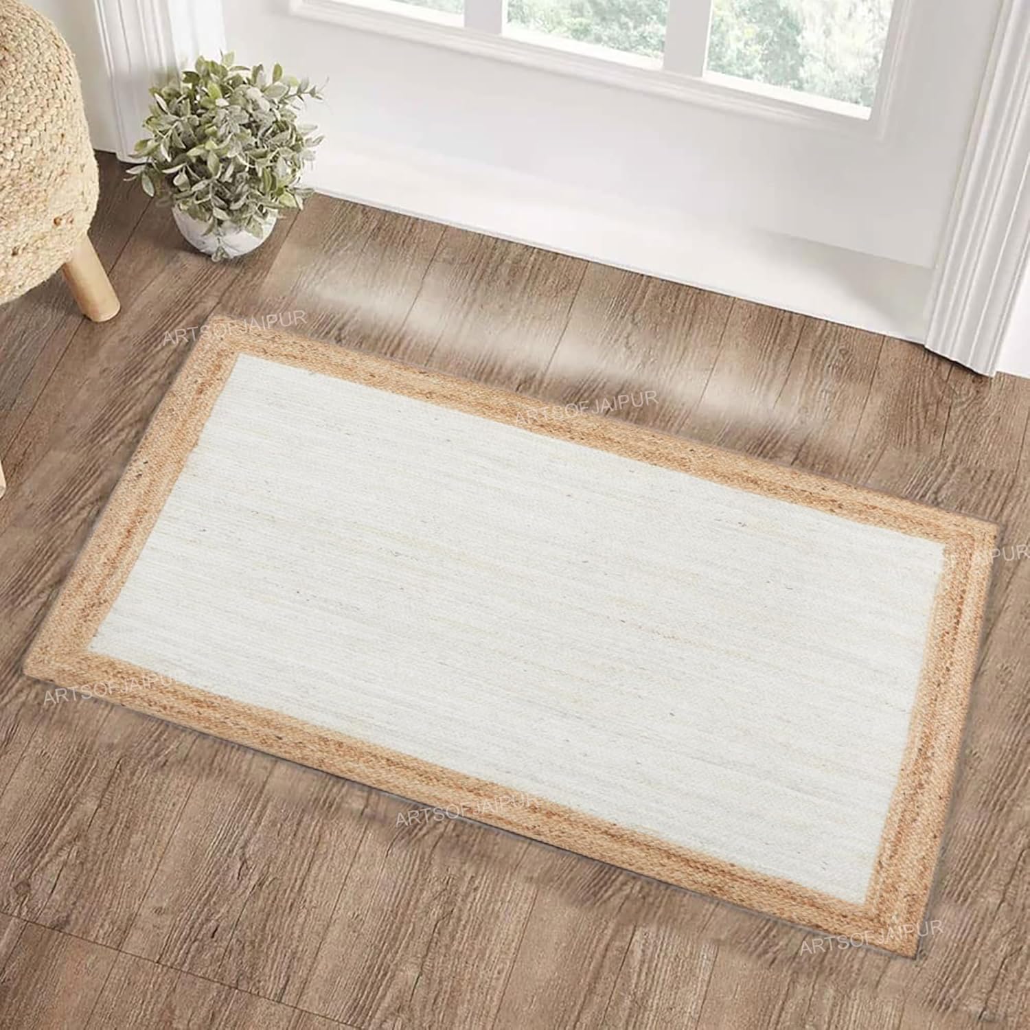 Jute Kilim Area Rugs Hand Braided Jute Rug Natural Kilim Rug 12x12 Thick 0.27" Square Solid White Border Area Rugs for Kids Room Dining Room Solid Farmhouse Design Carpet