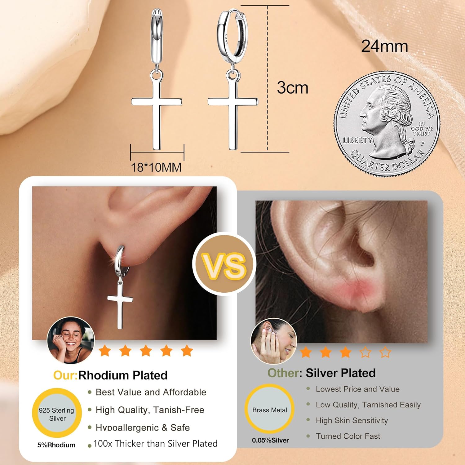 MILACOLATO 925 Sterling Silver Hoop Earrings for Women 18K Gold/Rhodium Plated Drop Dangle Hoop Earrings with Charms Cross Spike Moon Star Paperclip Link Statement Earrings Convertible Link Huggie Earrings Hypoallergenic