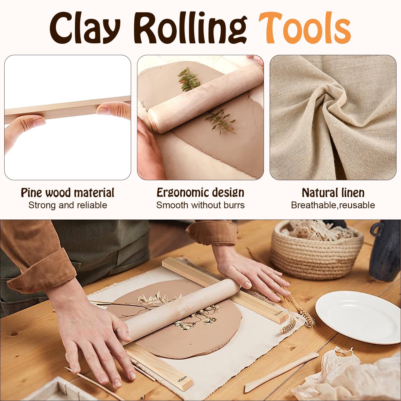 Lot de 20 outils de poterie comprenant 1 rouleau à pâtisserie en bois, 1 nappe portable en lin, 10 guides de 5 tailles pour l'enseignement, 8 outils de sculpture d'argile pour la fabrication