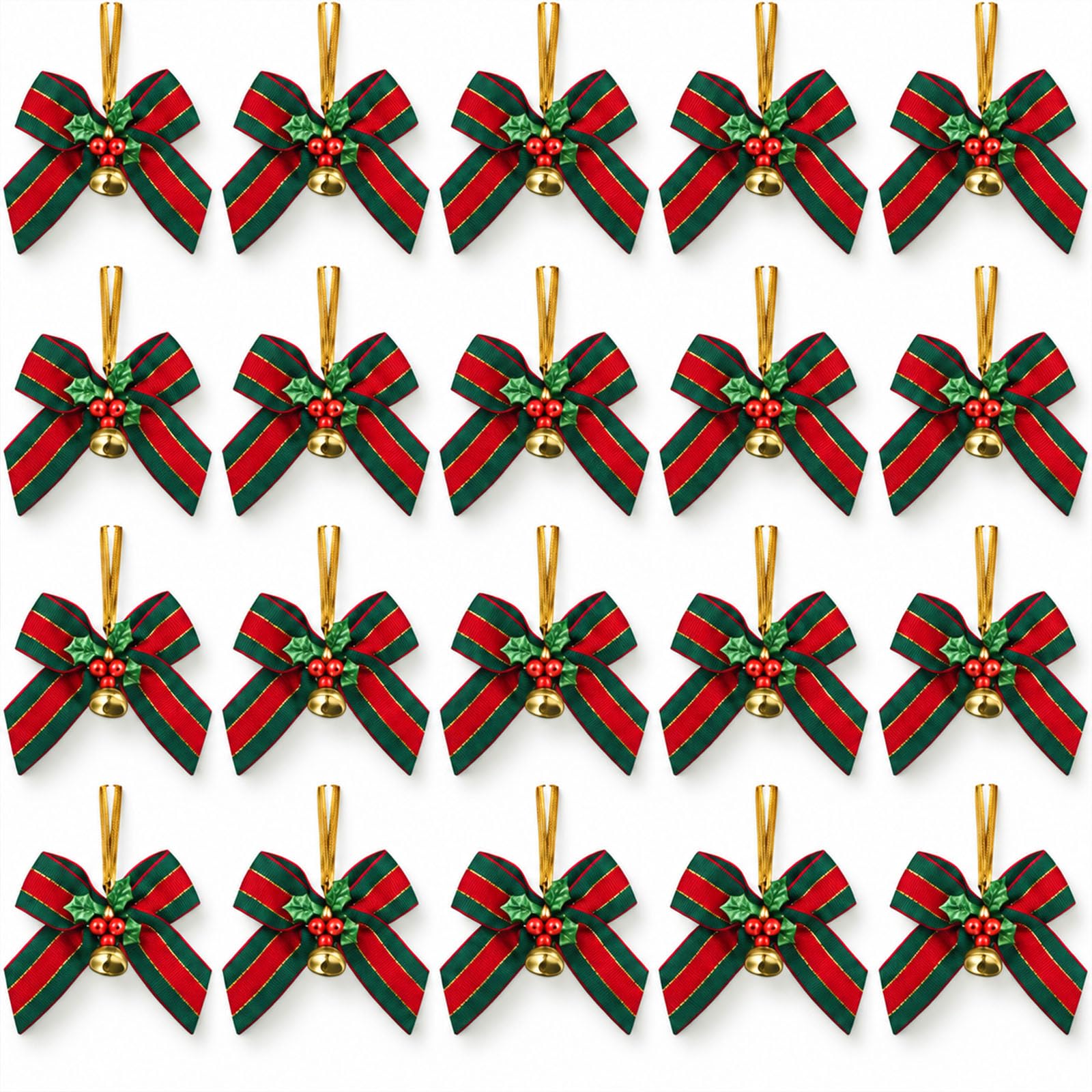 20 Pcs Christmas Tree Bows Decorations Indoor, Green Red Bows Bell Decor