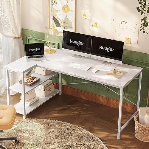 Miniatura 2 de Escritorio en forma de L, escritorio para computadora de 55 pulgadas con estantes de almacenamiento reversibles, escritorio para juegos, escritorio