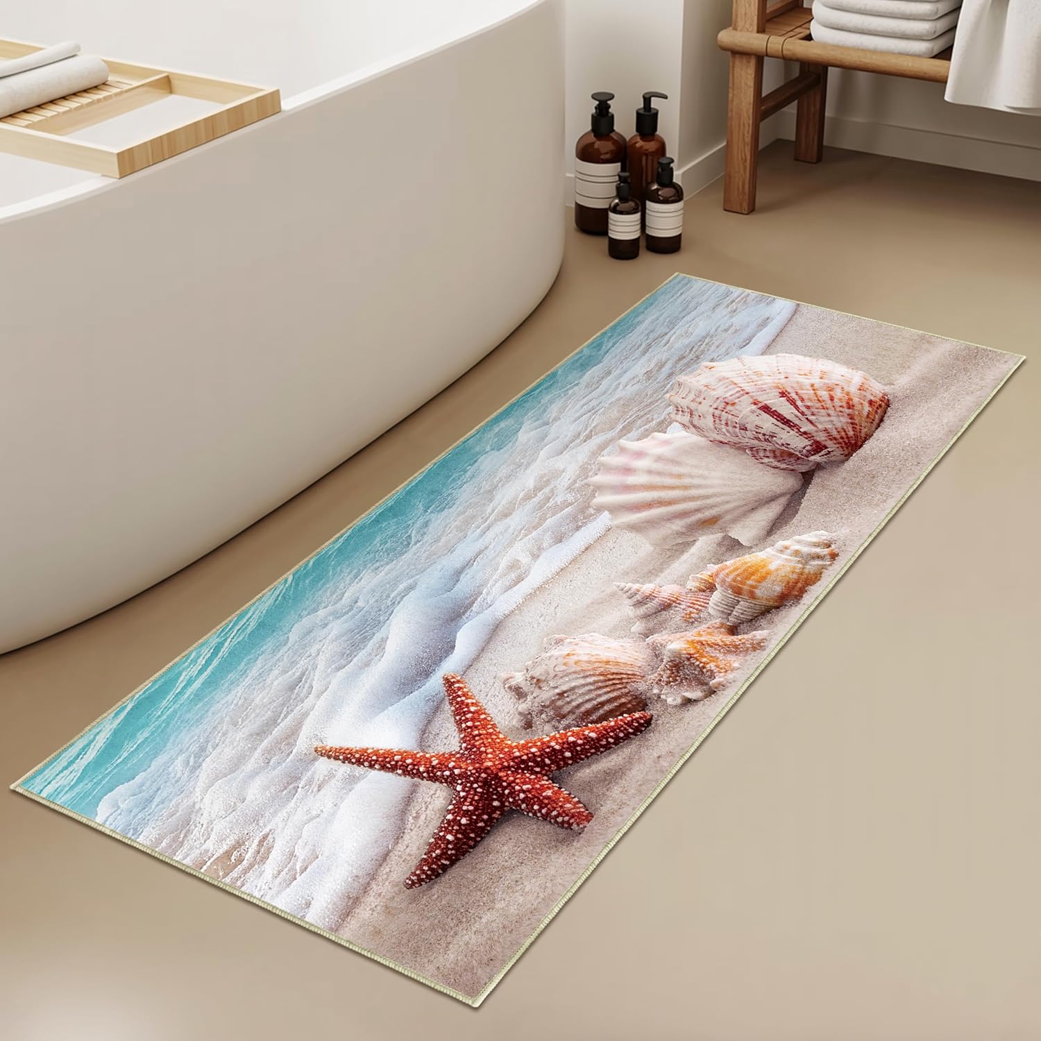 Xianshime Beach Ocean Bathroom Runner Rug 24 x 60 Non Slip Coastal Bathroom Decor Absorbent Quick Dry Bath Mat Washable Soft Low Pile for Bathtub Sink Shower Laundry Room