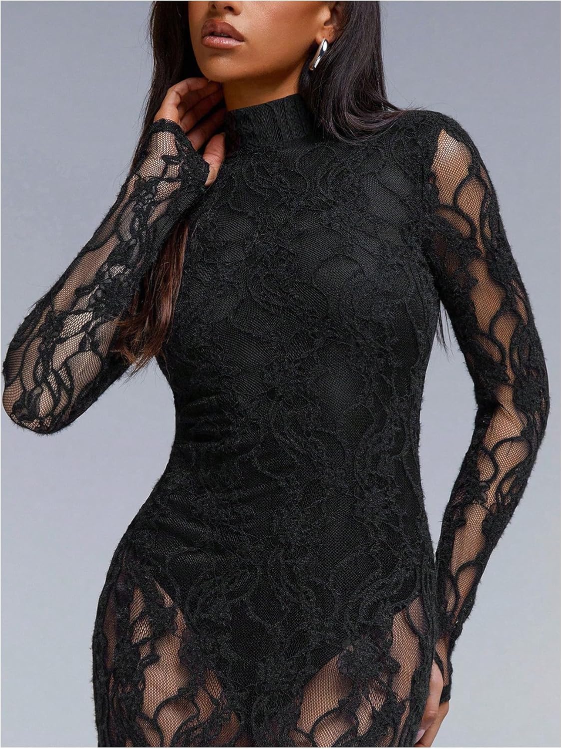 SHENHE Women's Lace Maxi Bodycon Dress Open Back Slit Long Sleeve Sheer Party Dress - Image 3