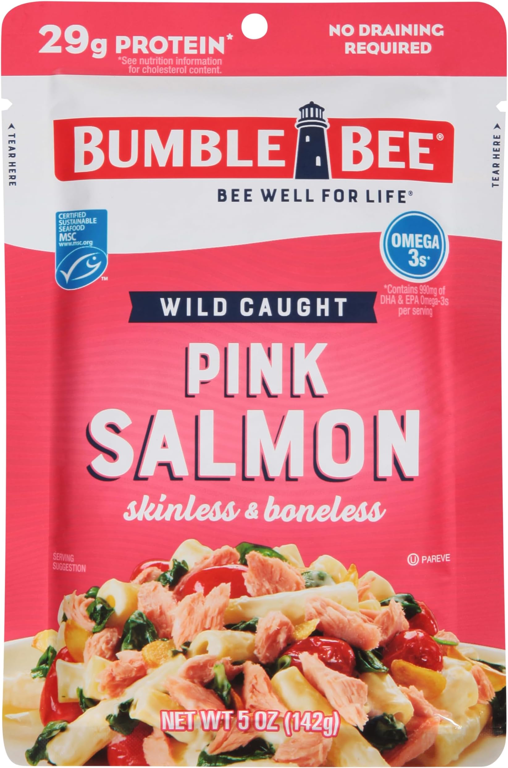 Bumble Bee Skinless & Boneless Pink Salmon, 5 oz Pouch - Premium Wild Caught Salmon for Snacks, Sandwiches & Recipes - 29g Protein per Serving - Gluten Free, Kosher, MSC Certified
