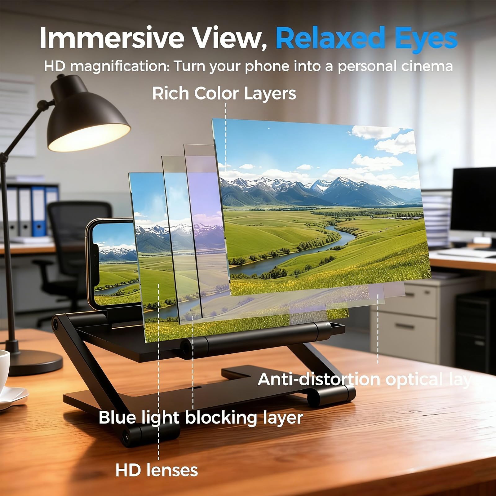 Mobile Phone Magnifier Screen, 2026 New 3D HD Magnifying Projector Screen Enlarger for Movies, Videos and Gaming, Foldable Phone Stand with Screen Amplifier, Compatible with All Smartphones (Black)