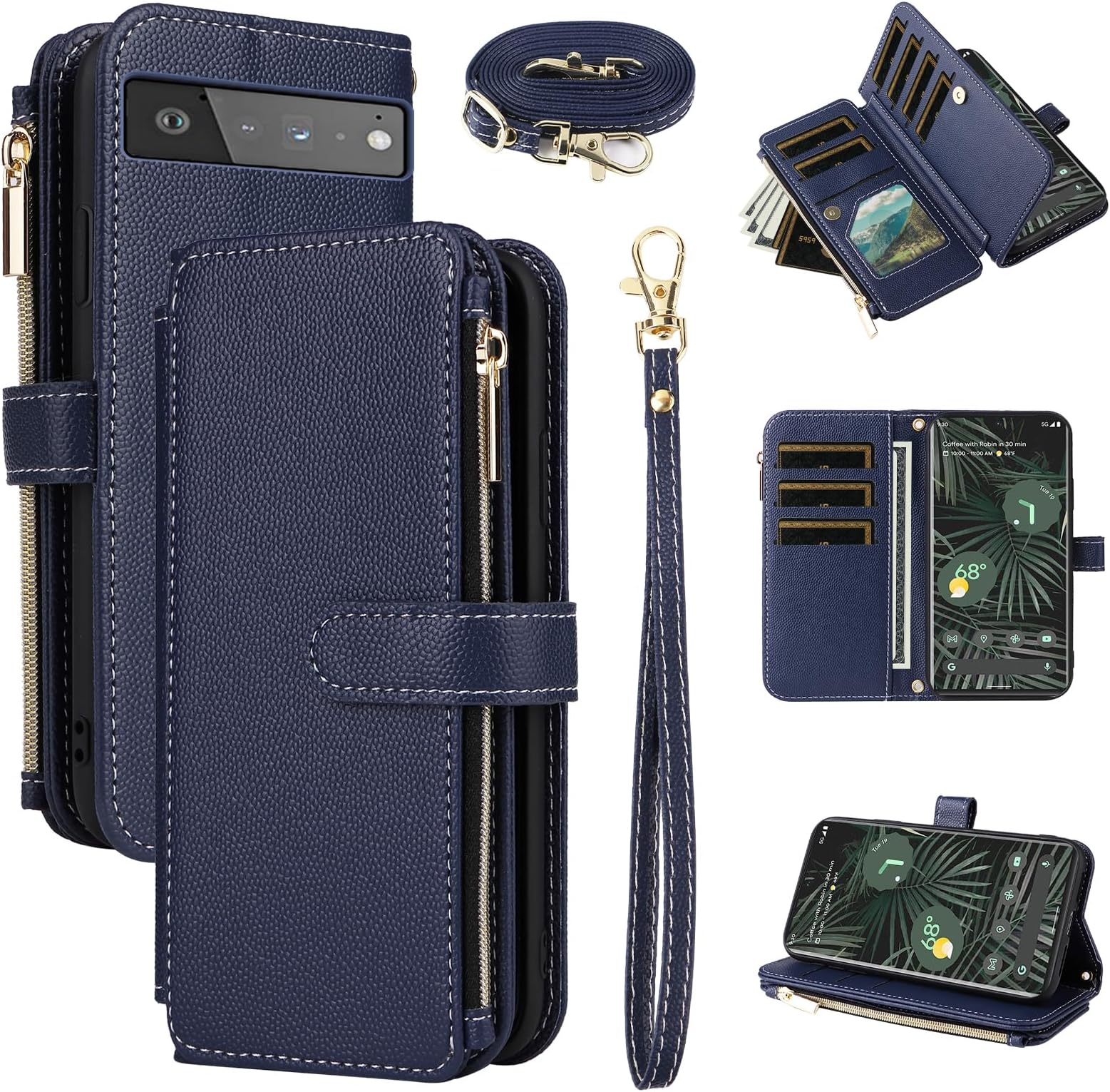 Wallet Case for Google Pixel 6 Pro with Wrist Strap, Shoulder Strap 10+ Card Holder Luxury PU Leather Flip Stand Zipper Purse Cell Phone Cover for Pixel6Pro Pixel6 XL 6XL Pixle 6Pro 5G Blue