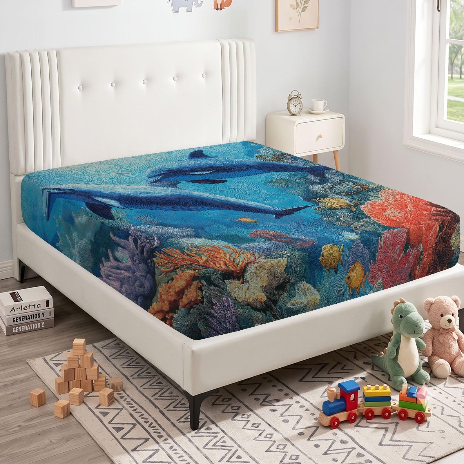 Juego de sábanas bajeras ajustables de 3 piezas, 90 x 200 cm, diseño de arrecife de delfín, peces tropicales, de microfibra, animales marinos, suave y agradable al tacto, transpirable, colchones de