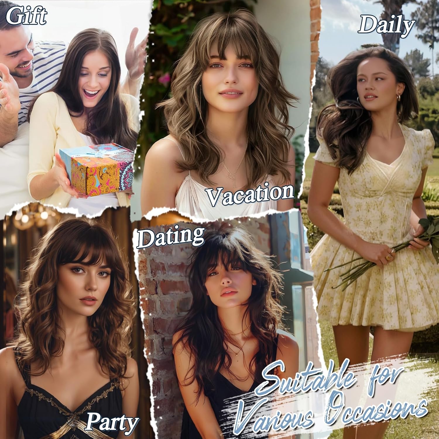 BARSDAR Medium Length Brown Blonde Wig With Bangs - 18 Inch Wavy Brown Blonde Highlight Wig With Bangs for Women, Curly Wavy Synthetic Shoulder Length Wigs Daily Party Halloween - Image 5