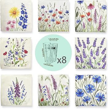 8-Pack Ultra-Fine Microfiber Kitchen Towels, 7-Inch Square with 8 Clips & Multiple Patterns Soft, Absorbent, Reusable Cleaning Cloths Grass