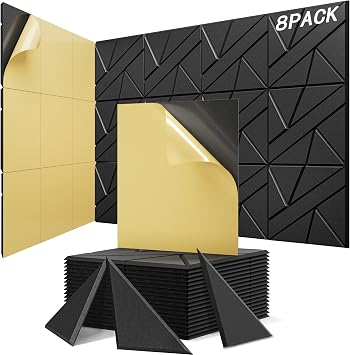 8 Pack Sound Proof Wall Panels with Self Adhesive, 12 x 12 x 0.47 in Soundproof Foam Acoustic Panels for Walls, Peel and Stick High Density Sound Wall Panel for Home Studio Office Decor-Black