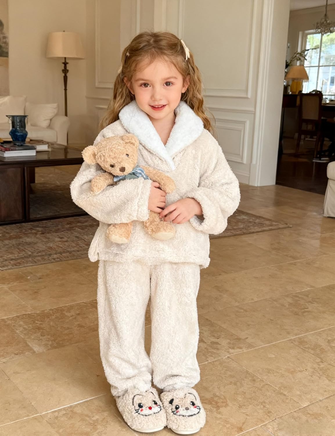 Faleave Girl's Fluffy Pants Sets Winter Warm Fleece Pullover Sweatshirt Plush Sweatsuit with Pockets