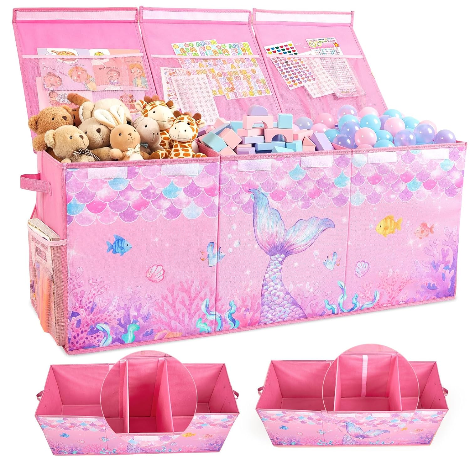 Unicorn Castle Toy Box with Adjustable Divider Toy Chest Storage Large Toy Storage Organizer Bin Collapsible with Lid Pockets for Nursery Playroom,Pink Purple Mermaid