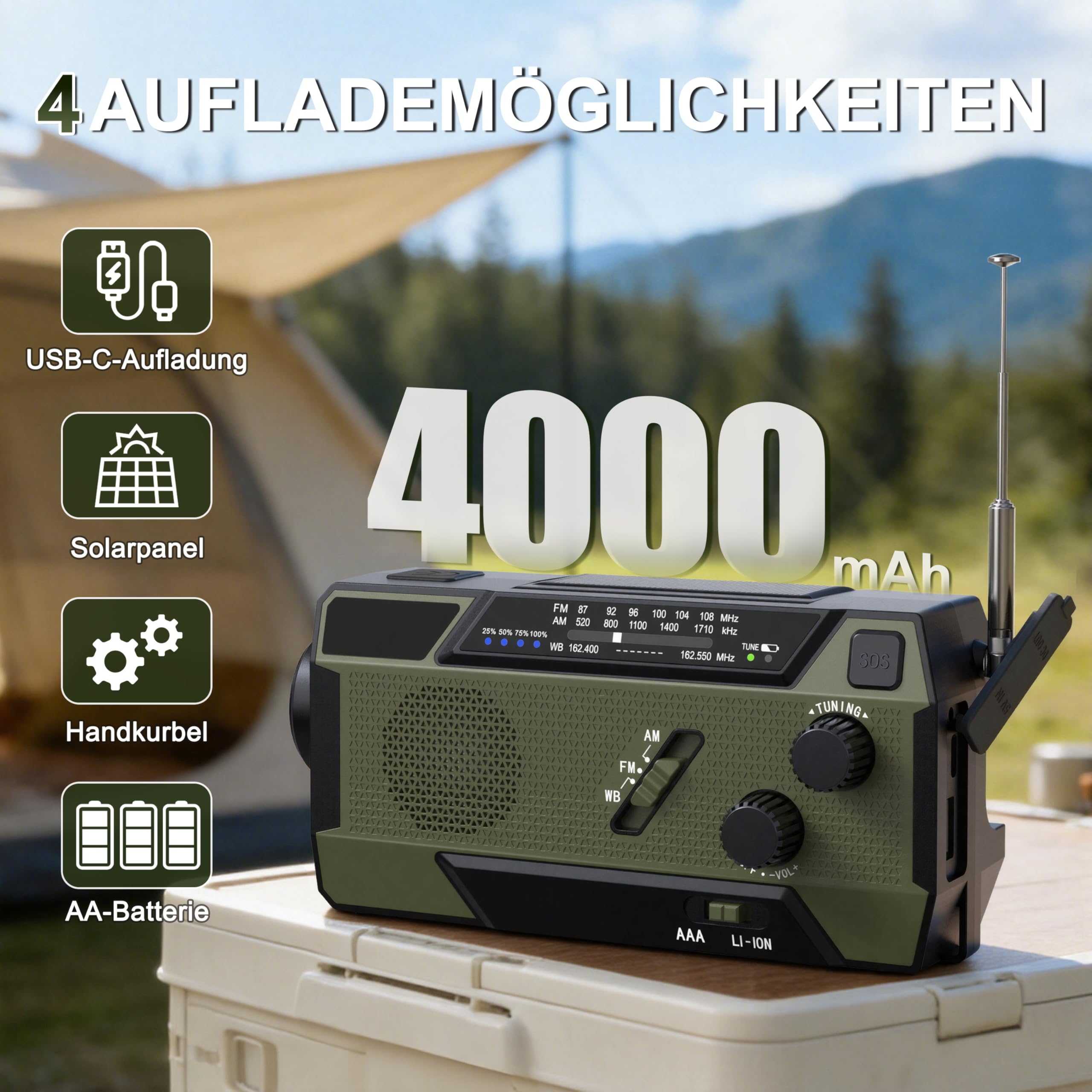 Radio d'urgence à manivelle - Récepteur mondial - 4000 mAh (14800 mWh) - Avec 3 câbles intégrés - Radio d'urgence avec manivelle et solaire - Fonctionne sur piles - AM/FM/WB - Alarme SOS - Lampe de