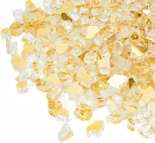 Miniatura 35 de Mr. Fireglass Vidrio de fuego de 10 libras, rocas de vidrio templado reflectante de 1/2 pulgada de alto brillo para chimenea, mesa de hoguera y Oro