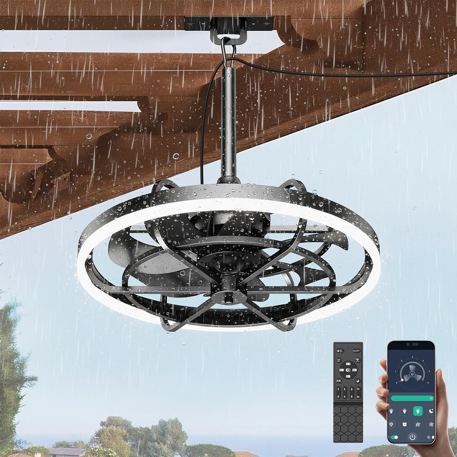 Outdoor Ceiling Fans with Lights for Patios Waterproof, 20" Gazebo Fan Outdoor Hanging & Hook-3CCT Dimmable LED,Black Plug in Caged Ceiling Fan with Light & Remote for Outside Porch, Pergola
