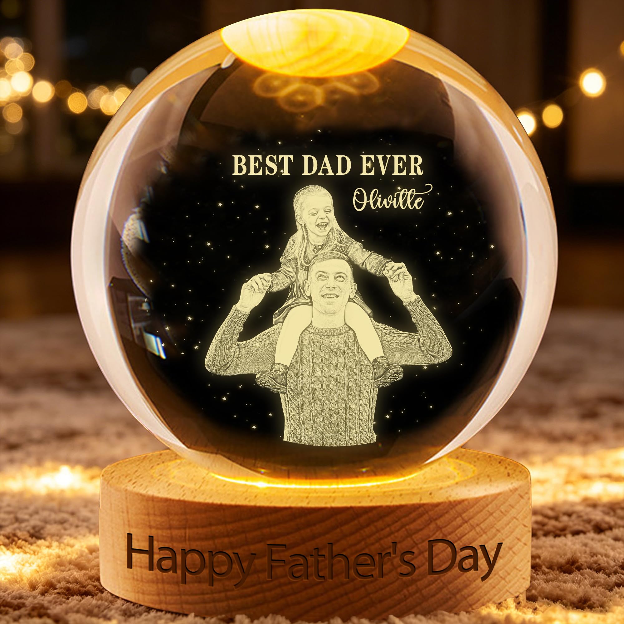 BFHEFGSUU Personalised Best Dad Ever Crystal Ball Light Custom Photo Funny Crystal Night Light Sign Home Bedroom Decor Gifts Dad Grandpa Father's Day Birthday Xmas (S 03)