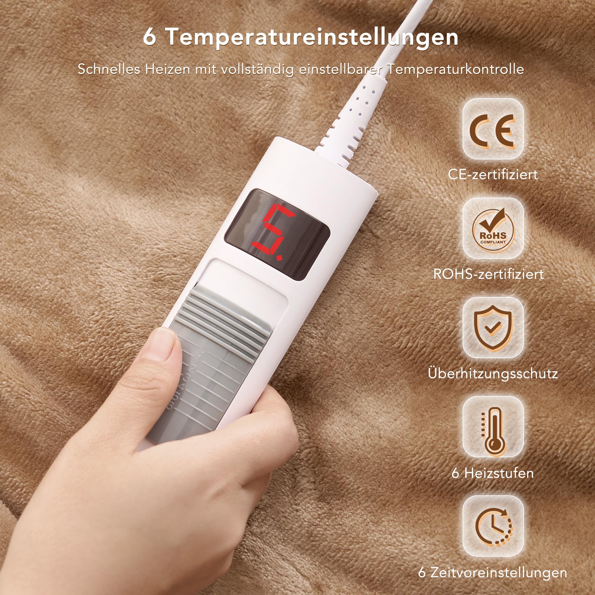 CURECURE Heizdecke Wärmedecke Heizdecke 130 * 180cm Beheizter uberwurf mit Abschaltautomatik Schneller Aufheiz Überhitzungsschutz 6 Temperaturstufen