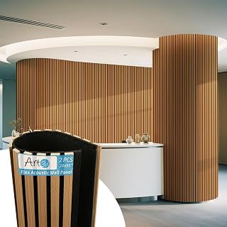 Art3d 2-Pack Teak Acoustic Wood Slat Wall Panels, Roll-Flat Sound Absorbing 95.3x23.8 Inch for Curved Walls, Living Rooms & Columns