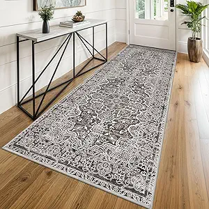 KUTA Vintage Washable Kitchen Runner 3x8, Non Skid Washable 8 ft Runners, Printed Distressed Floral Ultra Soft Carpet for Bedroom Living Room Tan Grey