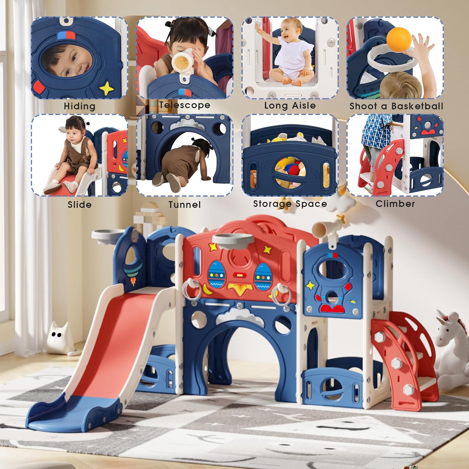 NYEEKOY 9 in 1 Toddler Slide Playset Freestanding Indoor Outdoor Kids Slide and Climber for Children Age 1-12 Years Old, Baby Slide Climber Playground for Home and Backyard
