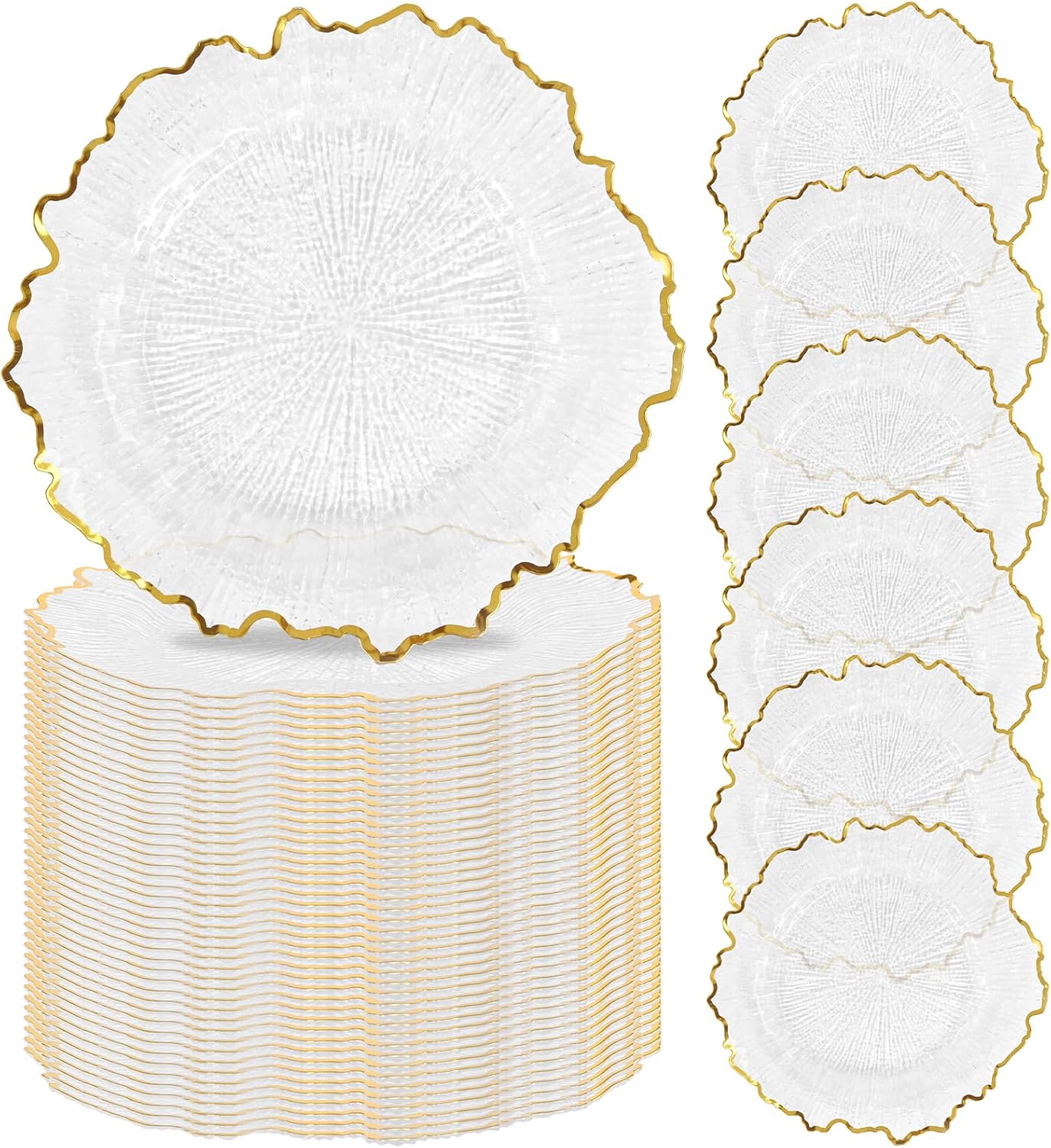 50 Pcs Clear Charger Plates Bulk 13 Inch Plastic Plate Chargers with Floral Reef Design Round Ruffled Rim Dinner Floral Decorative Plates for Dinner Wedding Party Event Table Setting Decoration