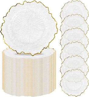 50 Pcs Clear Charger Plates Bulk 13 Inch Plastic Plate Chargers with Floral Reef Design Round Ruffled Rim Dinner Floral Decorative Plates for Dinner Wedding Party Event Table Setting Decoration