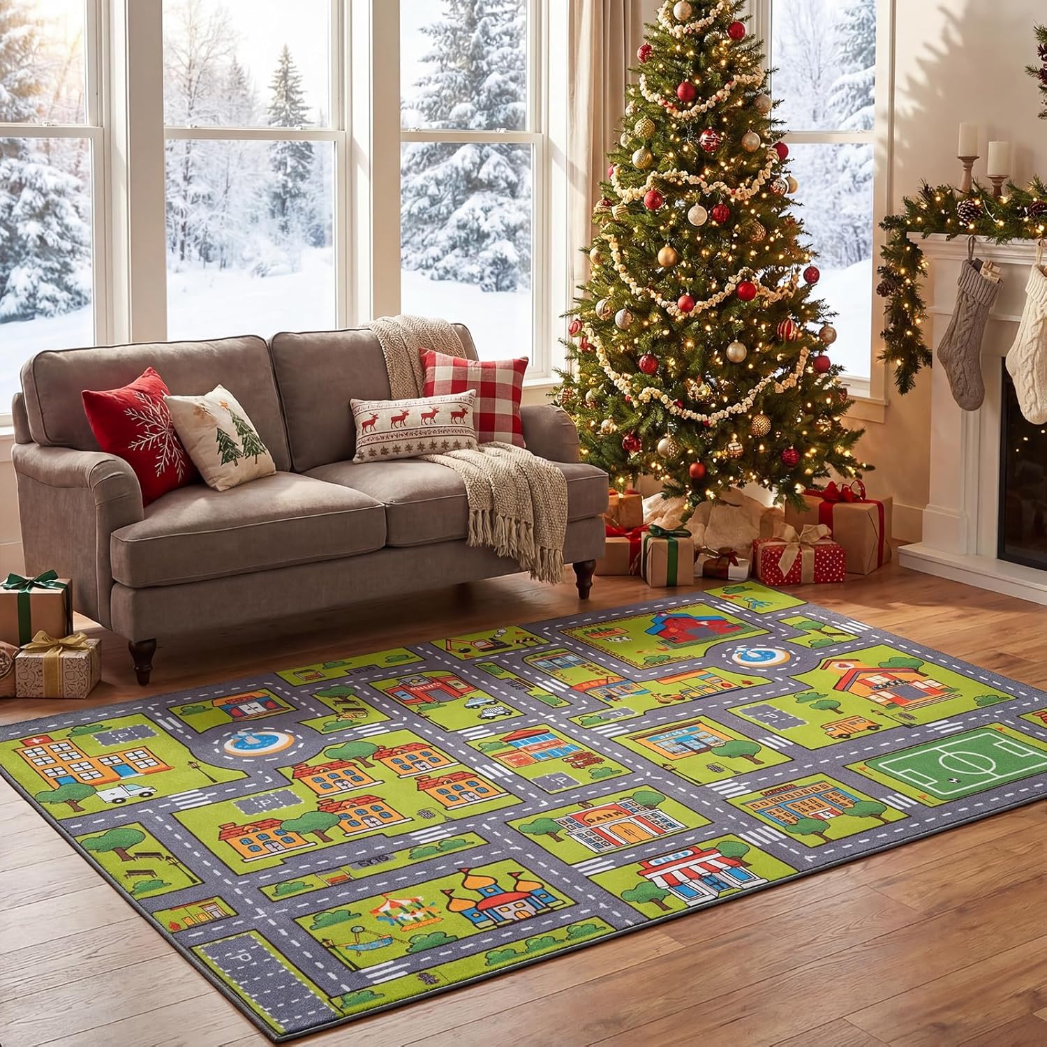 merelax 7x10 kids car area rug, grey green area road rugs for living room playroom classroom bedroom, non slip kids play mat, washable rug, educational city traffic map fun car carpet for ages 3-12 grey 7x10 feet