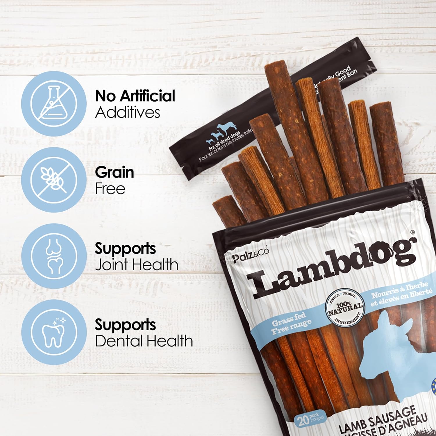 Palz&Co Lambdog Lamb Sausage Dog Treats - 20 Pack of All-Natural Grain-Free Chews for Dogs, Supports Dental Health & Hip and Joint Care, No Artificial Additives