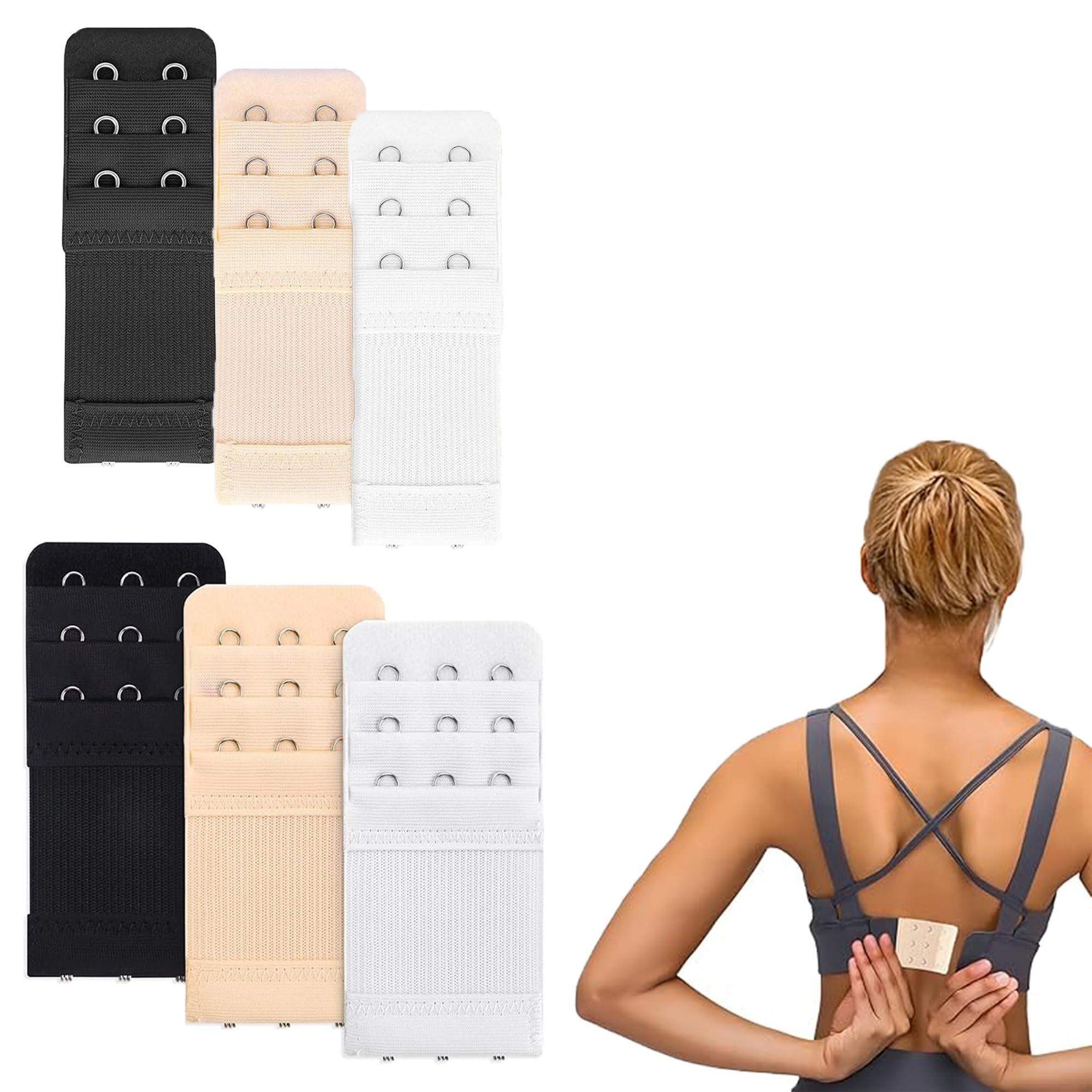 Bra Extenders for Women, 6 Pieces 2 Hook & 3 Hook Bra Band Extender, Women's & Girls Bra Extension Straps for Tight Bras, Increase Your Bra Band Length, 2 Sizes & 3 Color Black, White & Nude