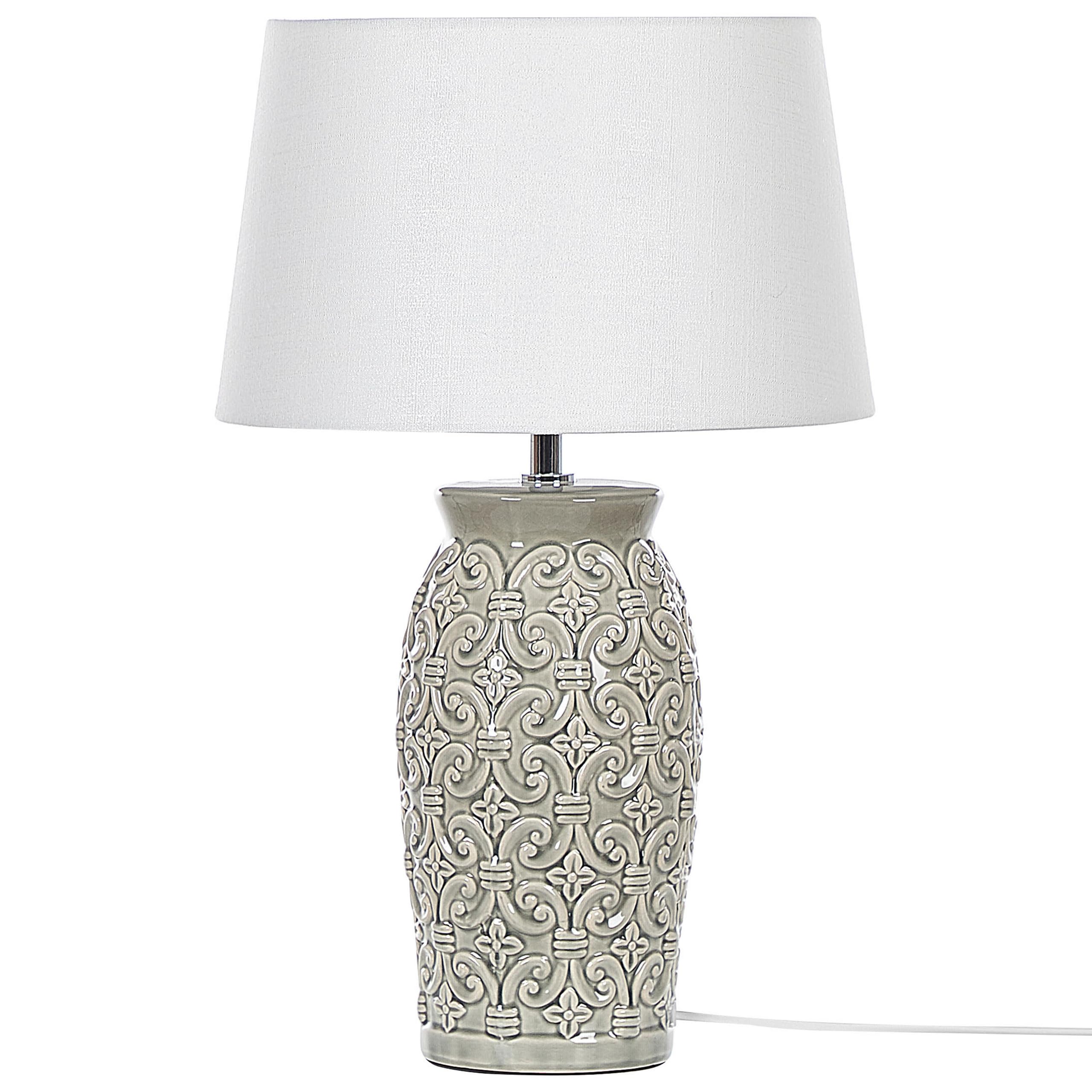 Beliani Tischlampe 48 cm Keramik grau Stoffschirm weiß Kabel mit Schalter Antik Khoper