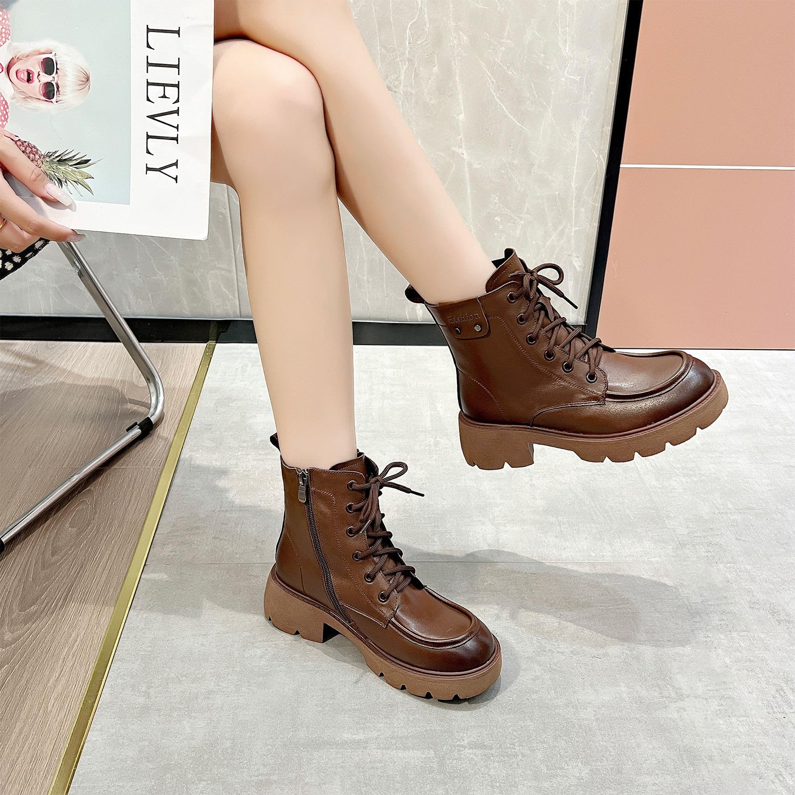 rismart Femmes Lacets Bottines à chevilles avec Zip Talon Grossier Bout Rond Cuir Bottes de Combat